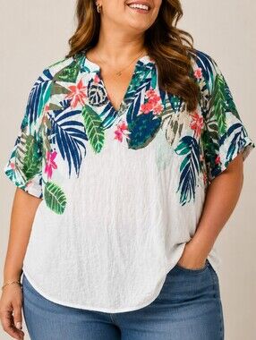 Old Navy Tropical Floral Split V-Neck Pleated Back Blouse Top Womens XXL Coastal